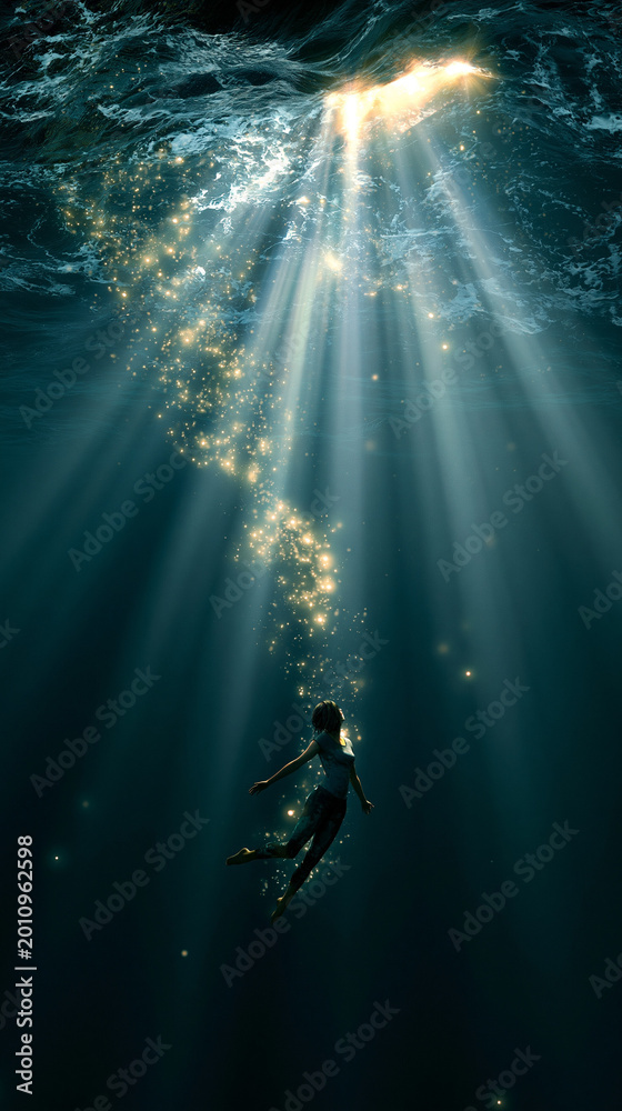 Obraz premium Deep underwater fantasy artwork with glowing rays above a floating silhouette, creating peaceful cosmic atmosphere and dreamlike mystery.