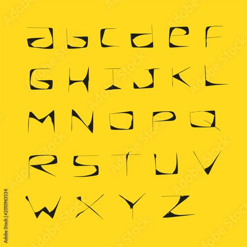 Strange alphabet black on yellow background poster design. Weird alien tweak style text alphabet graphic illustration
