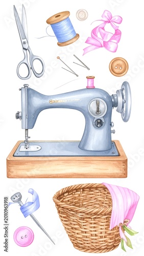 Watercolor illustration of sewing tools and supplies. Depicted is a vintage sewing machine, scissors, thread, needles, buttons and a basket