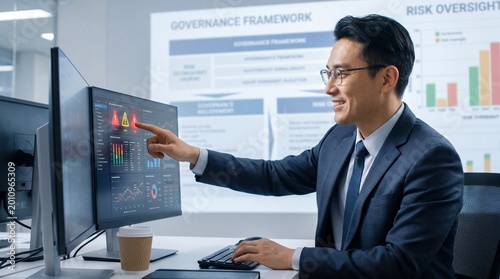 A compliance officer analyzing data on a computer screen in a modern office, showcasing governance and risk oversight