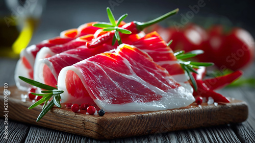 Parma ham slice cured meat rosemary chili pepper wooden board
