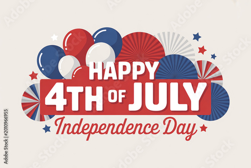 Happy 4th of July independence day USA banner design with balloons and paper fans decoration on red background