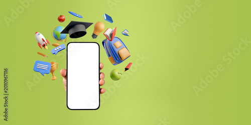 Schilderij op canvas Hand holding smartphone mockup with floating education items in cartoon style on