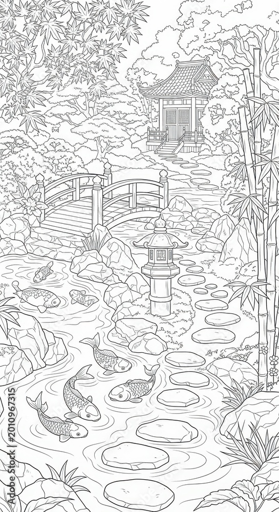 Fototapeta premium Serene Japanese Garden Scene with Koi Fish and Bridge.