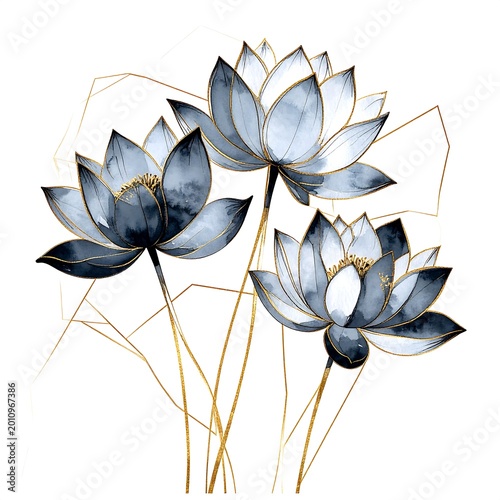 Watercolor illustration of three lotus blossoms in shades of blue and gold with delicate geometric accents on a white background