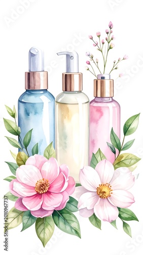 Watercolor illustration of three pastel-colored cosmetic bottles with gold accents, adorned with pink flowers and lush green leaves