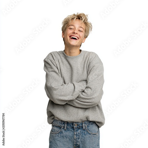 handsome gen Z boy with short blond hair isolated on a white background