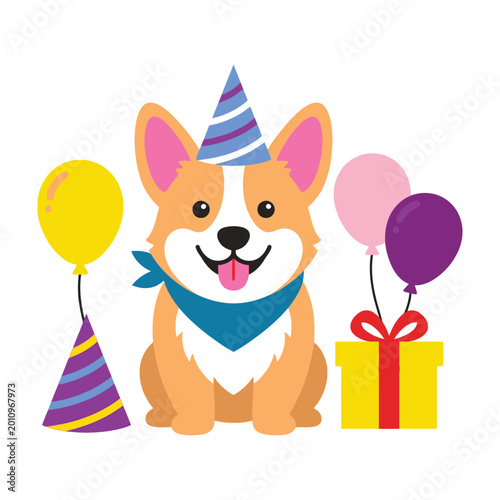 Corgi dog wearing party hat and bandana celebrating birthday