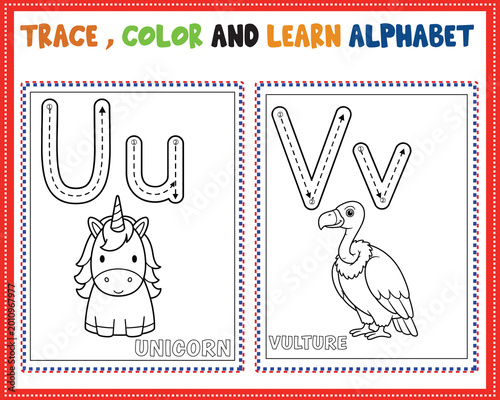 ABC alphabet tracing and coloring worksheet for kids printable, trace color and learn letters U and V unicorn preschool kindergarten handwriting practice activity pages for early education learning