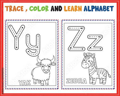 ABC alphabet tracing and coloring worksheet for kids printable, trace color and learn letters Y and Z wit zebra, preschool kindergarten handwriting practice activity pages for early education learning