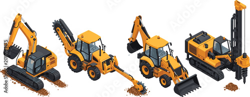 Schilderij op canvas Isometric construction machinery set featuring excavator backhoe loader trencher