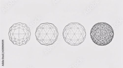 Four Gray Wireframe Geometric Spheres Arranged on Minimal White Background