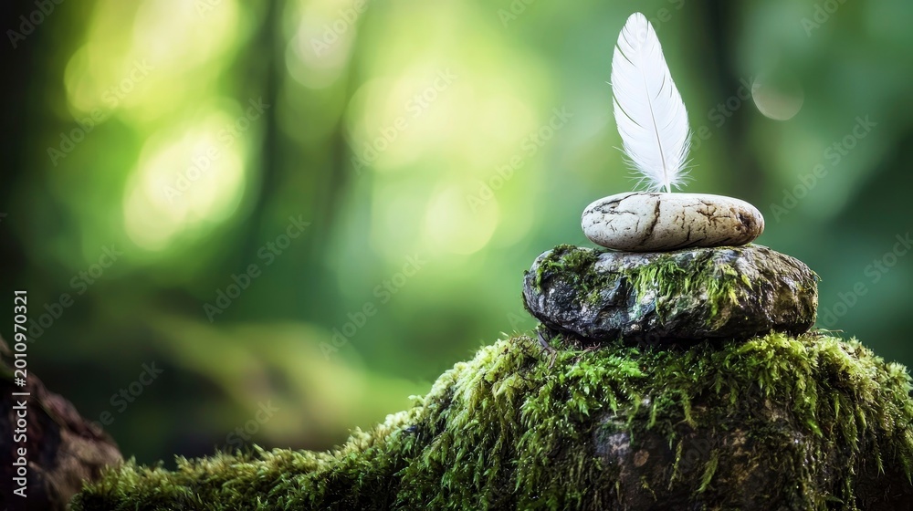 Obraz premium White feather balanced on smooth river stones in a mossy forest setting with sharp focus and beautiful bokeh for wellness and spa branding