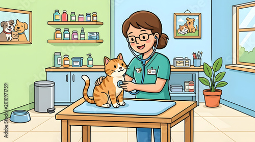 Caring cartoon veterinarian performs a gentle health check on an adorable striped cat with a stethoscope in a bright and welcoming animal clinic setting
