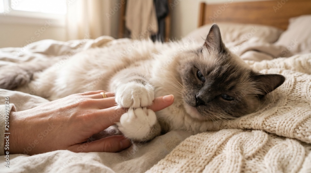 Obraz premium Ragdoll cat holding human finger on cozy bed with beige blanket