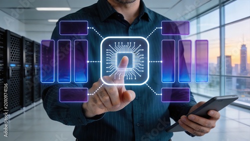 Man touching futuristic glowing CPU chip interface in modern server room digital data processing concept network connection cloud computing technology business innovation holding