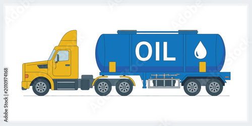 Canvas Print Oil tanker truck, illustration, vector design featuring yellow cab with blue storage tank for fuel transport logistics and industrial delivery concept