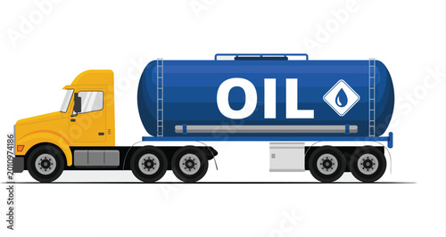 Εκτύπωση καμβά Oil tanker truck, clean vector artwork of fuel delivery vehicle with yellow cab and blue tank representing transportation and energy logistics