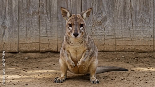 A marsupial stands on sandy ground in front of a wooden fence