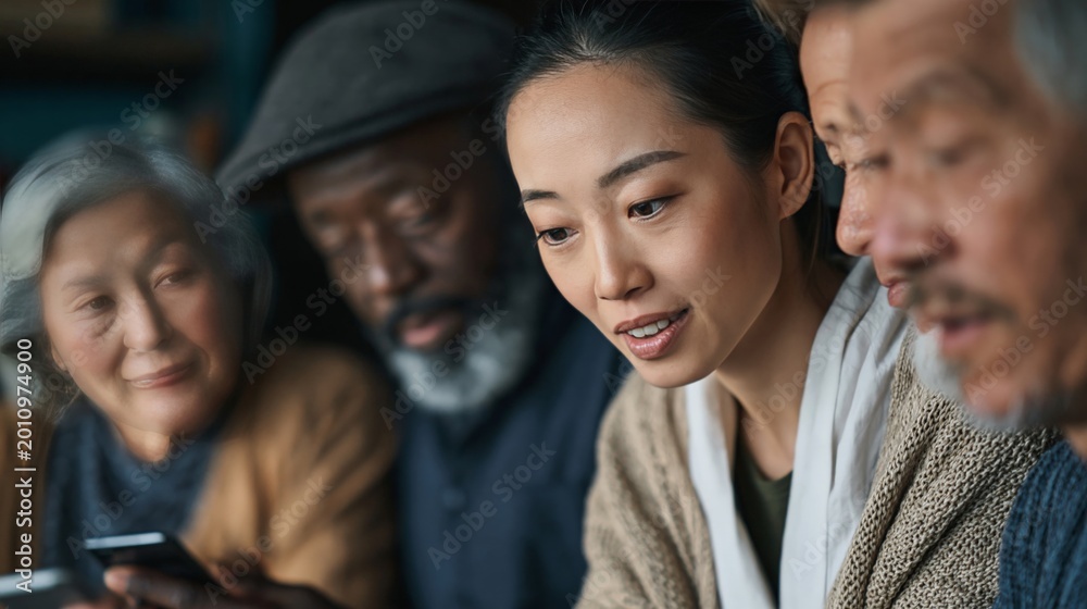 Fototapeta premium Asian family gathering looking at smartphone together with joy. Multi-generational connection, technology bonding, and family togetherness concept.