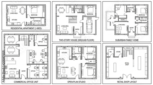 Konstfotografi Architectural Blueprints of Residential Floor Plans for Home Design