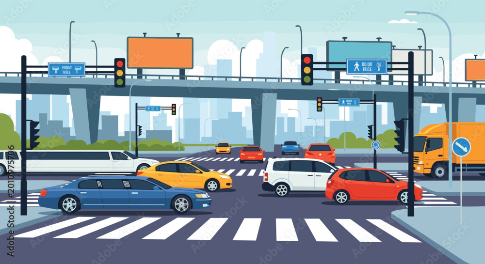 Fototapeta premium Crowded city intersection with many cars waiting at traffic lights under a highway overpass in a modern urban architectural environment.