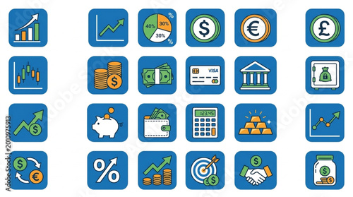 Photography Collection of Financial Icons Representing Business and Investment Concepts