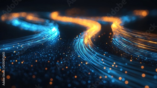 Macro cable glow abstract fiber optic light trails electric blue amber threads flowing through darkness technology background long exposure capture