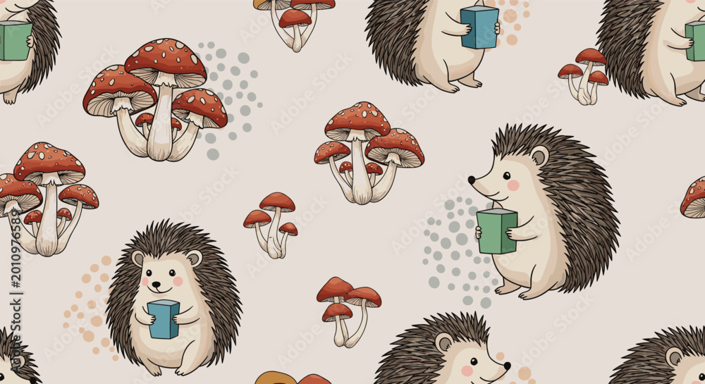 Obraz premium Cute seamless pattern featuring adorable hedgehogs drinking juice from cartons interspersed with red spotted forest mushrooms.