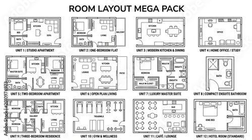 Bilde på lerret Collection of detailed room layout plans for various living spaces