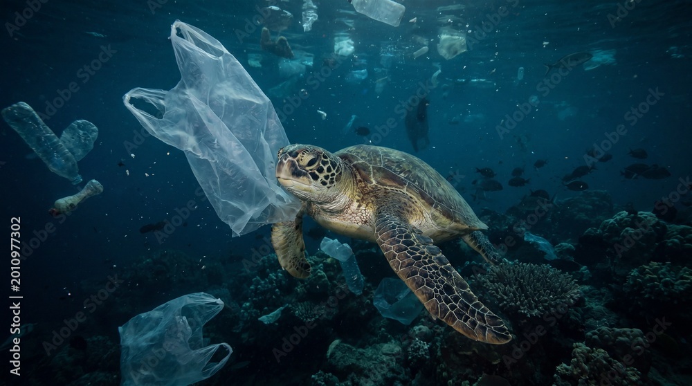 Fototapeta premium Sea Turtle Swimming Near Plastic Pollution – Ocean Conservation and Environmental Awareness Concept