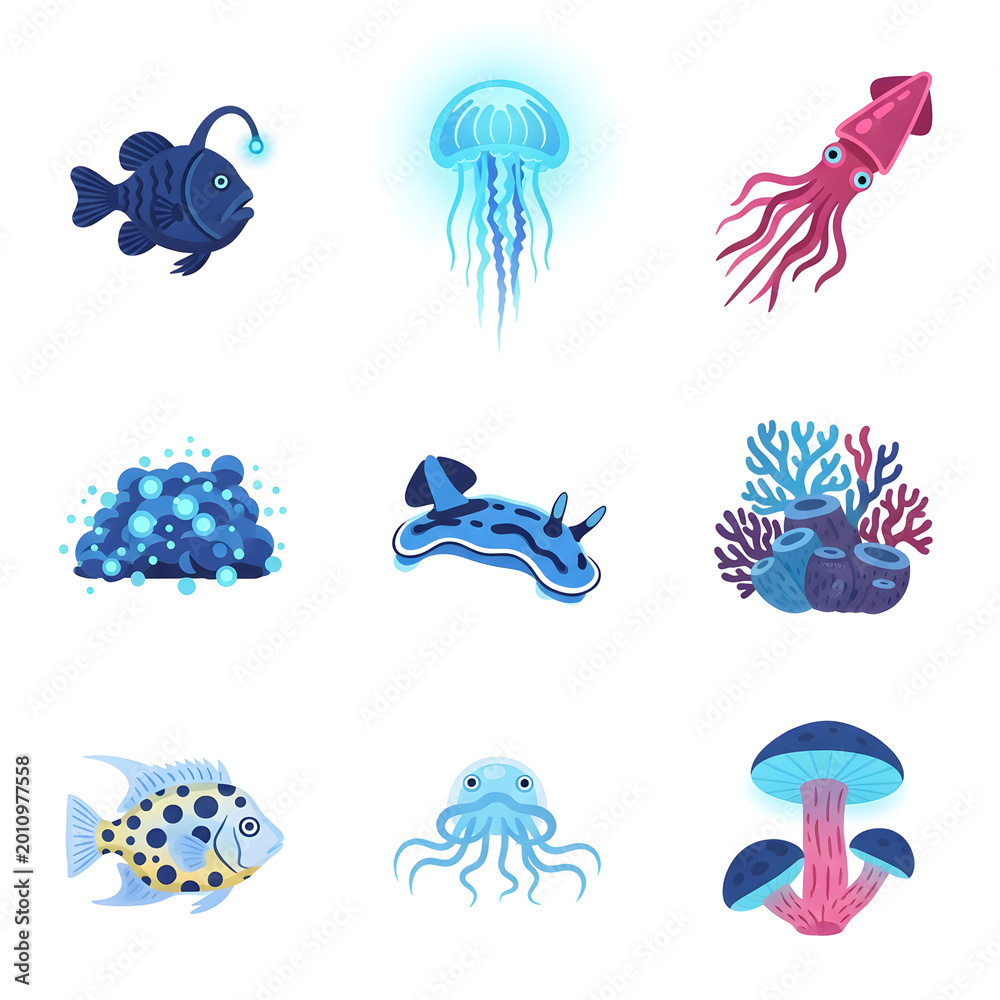 Fototapeta premium Colorful ocean creatures and sea animals illustrations on white background