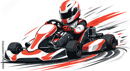 Photos Go-kart racer in a red and white suit driving fast