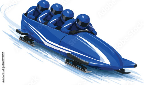 Foto Four athletes in a blue bobsled racing down an ice track