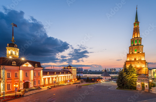 The ancient leaning red brick Syuyumbike Tower at night on the territory of the Kazan Kremlin. Russia