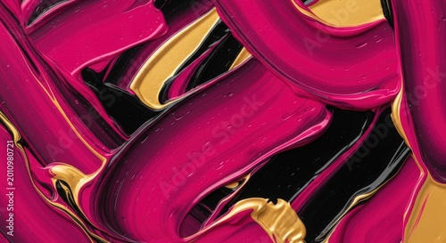 Dynamic abstract composition of bold magenta and gold fluid paint swirls in thick layers Wallpaper Background image