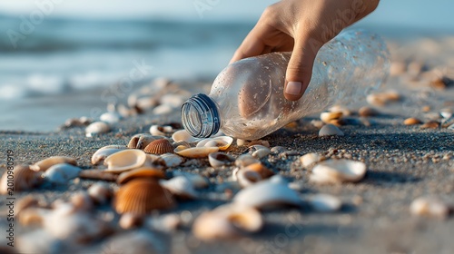 A hand picks up a plastic bottle scattered among beautiful seashells on a sandy beach, highlighting ocean pollution and the need for environmental care.