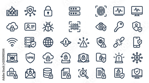 Comprehensive Cybersecurity Icons Collection for Digital Protection and Network Security.