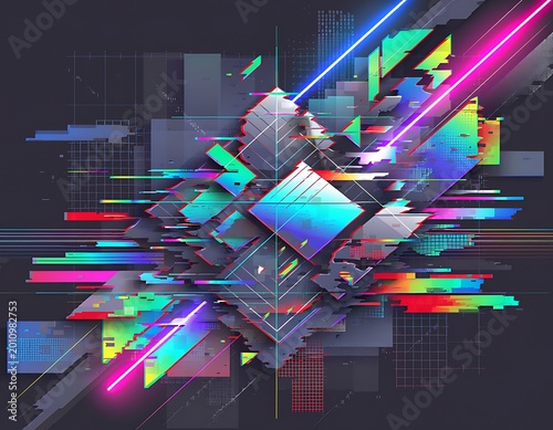Dynamic Digital Abstraction A Futuristic Explosion of Geometric Shapes and Neon Lights Intersecting in a Vibrant, Modern Art Composition
