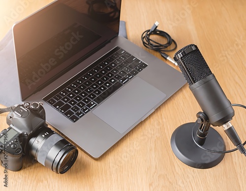 High-quality audio recording setup with a professional microphone, digital camera, and laptop for content creation