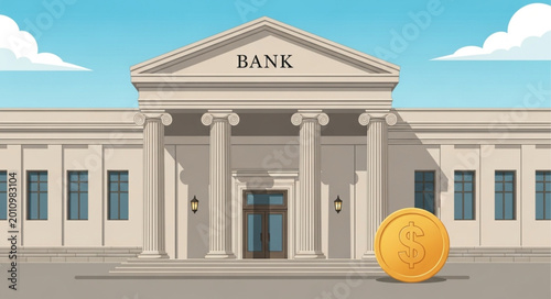 Photos Classic Bank Building with Gold Coin.