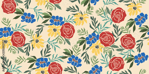 фотографія Seamless pattern of red roses and tropical flowers