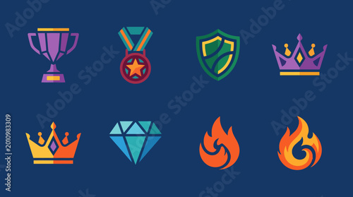 Canvastavla Modern Game Achievement Icon Set: Trophy, Medal, Crown, Diamond, and Fire Icons