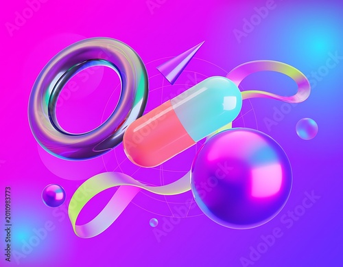 Dynamic Abstract 3D Art Vibrant composition of futuristic metallic torus, sleek capsule, and reflective sphere, illuminated by a luminous gradient, showcasing modern digital design