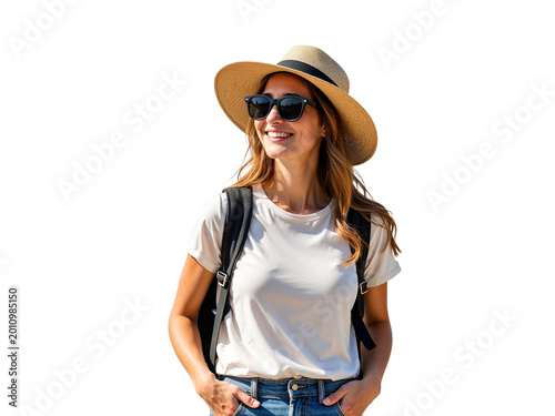 Attractive young woman traveling in casual clothes wearing straw hat, sunglasses and backpack isolated on transparent background