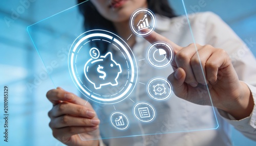 Financial Touch: A forward-thinking individual, immersed in a futuristic interface, deftly interacts with digital finance symbols, embodying the concept of smart investing and wealth management.