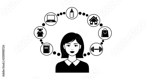 Woman multitasking with life and work icons. Vector illustration of work-life balance, busy mother, and female daily routine concept.