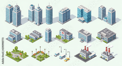 Tableau sur toile Collection of isometric city buildings and structures illustration