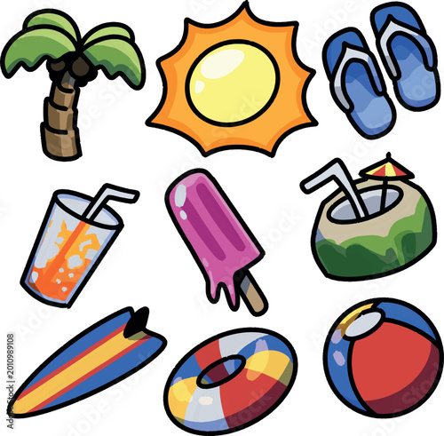 Summer Tropical Elements Pack with Palm Tree, Surfboard, Ice Cream and Beach Accessories