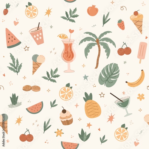 Soft summer vibes in a playful seamless pattern  A dreamy mix of tropical fruit, refreshing drink, ice cream, leafy elements in muted pastel tones. Minimal yet lively, it blend retro charm with modern